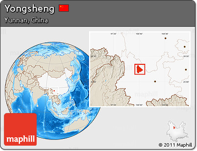 Shaded Relief Location Map of Yongsheng, highlighted country