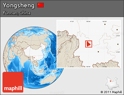 Shaded Relief Location Map of Yongsheng, highlighted country