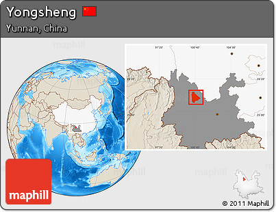 Shaded Relief Location Map of Yongsheng, highlighted country, highlighted parent region
