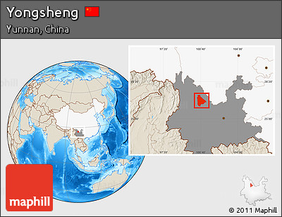 Shaded Relief Location Map of Yongsheng, highlighted country, highlighted parent region