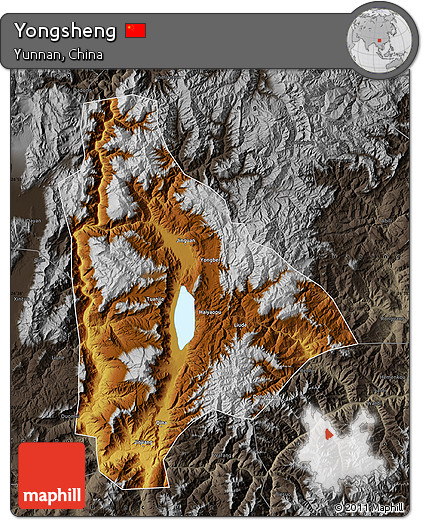 Physical Map of Yongsheng, darken, semi-desaturated