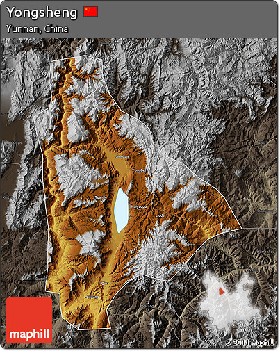 Physical Map of Yongsheng, darken, semi-desaturated