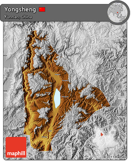 Physical Map of Yongsheng, lighten, desaturated