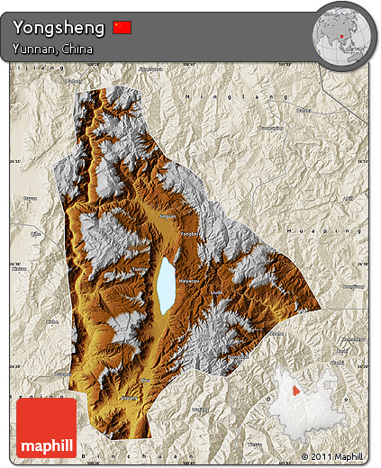 Physical Map of Yongsheng, shaded relief outside