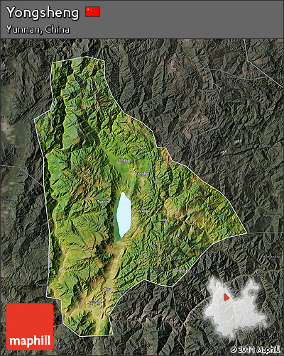 Satellite Map of Yongsheng, darken, semi-desaturated