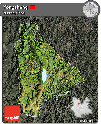 Satellite Map of Yongsheng, darken, semi-desaturated