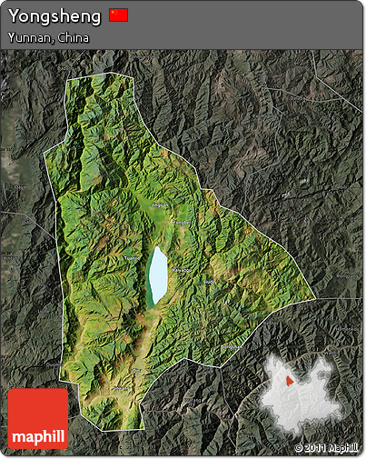 Satellite Map of Yongsheng, darken, semi-desaturated