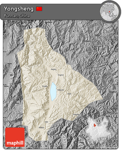 Shaded Relief Map of Yongsheng, darken, desaturated