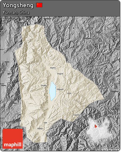 Shaded Relief Map of Yongsheng, darken, desaturated