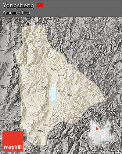 Shaded Relief Map of Yongsheng, darken, semi-desaturated