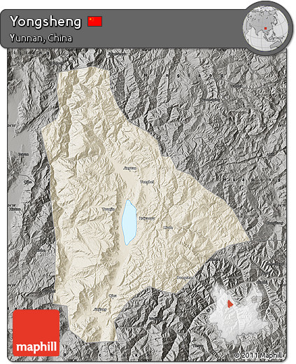 Shaded Relief Map of Yongsheng, darken, semi-desaturated