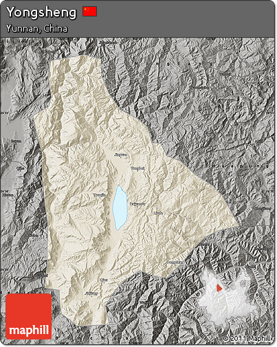 Shaded Relief Map of Yongsheng, darken, semi-desaturated
