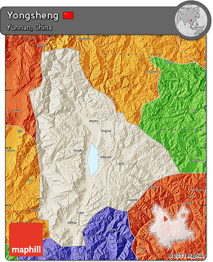 Shaded Relief Map of Yongsheng, political outside