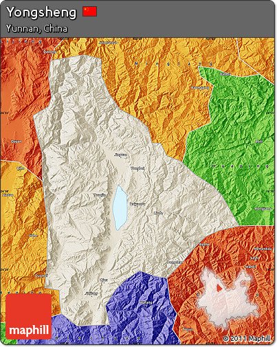 Shaded Relief Map of Yongsheng, political outside