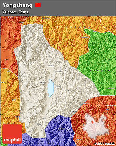 Shaded Relief Map of Yongsheng, political outside