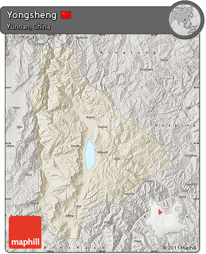 Shaded Relief Map of Yongsheng, semi-desaturated