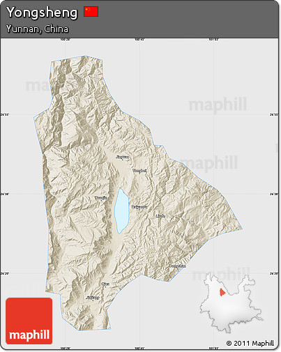 Shaded Relief Map of Yongsheng, single color outside