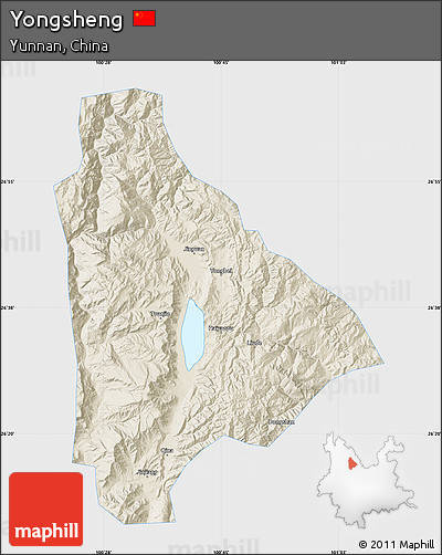 Shaded Relief Map of Yongsheng, single color outside