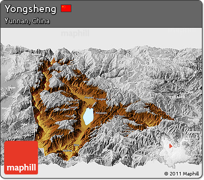 Physical Panoramic Map of Yongsheng, lighten, desaturated