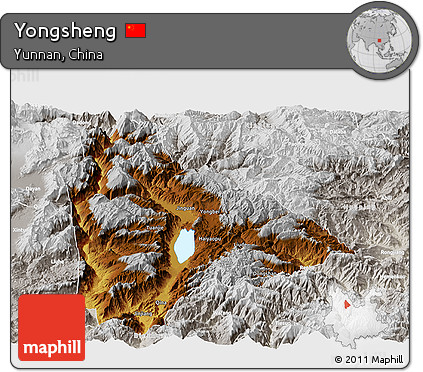 Physical Panoramic Map of Yongsheng, lighten, semi-desaturated