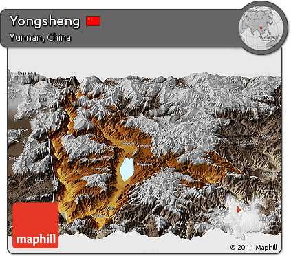 Physical Panoramic Map of Yongsheng, semi-desaturated