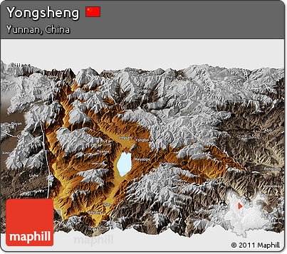 Physical Panoramic Map of Yongsheng, semi-desaturated
