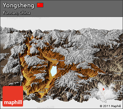 Physical Panoramic Map of Yongsheng, semi-desaturated