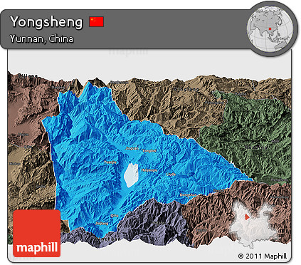 Political Panoramic Map of Yongsheng, darken, semi-desaturated