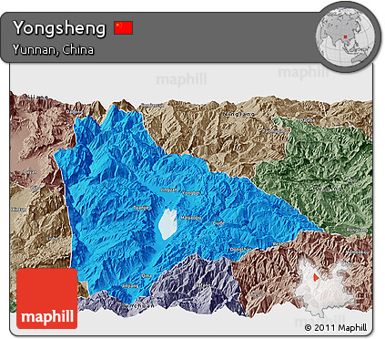 Political Panoramic Map of Yongsheng, semi-desaturated