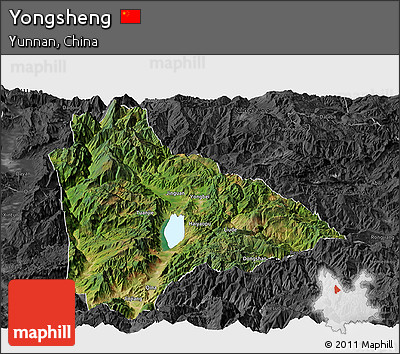 Satellite Panoramic Map of Yongsheng, darken, desaturated