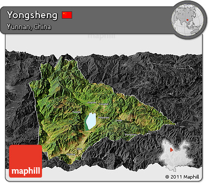 Satellite Panoramic Map of Yongsheng, darken, desaturated