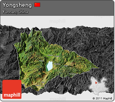 Satellite Panoramic Map of Yongsheng, darken, desaturated