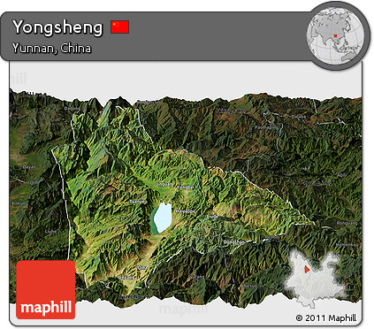Satellite Panoramic Map of Yongsheng, darken