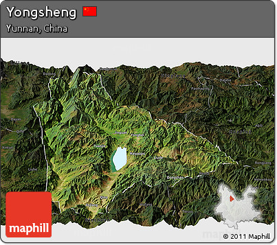 Satellite Panoramic Map of Yongsheng, darken