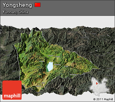 Satellite Panoramic Map of Yongsheng, darken, semi-desaturated