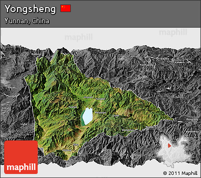 Satellite Panoramic Map of Yongsheng, desaturated