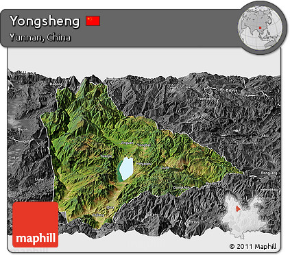 Satellite Panoramic Map of Yongsheng, desaturated