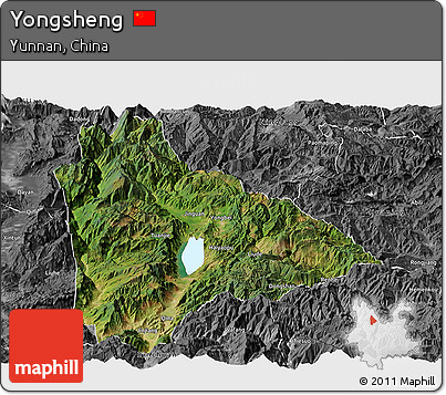 Satellite Panoramic Map of Yongsheng, desaturated