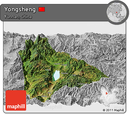 Satellite Panoramic Map of Yongsheng, lighten, desaturated