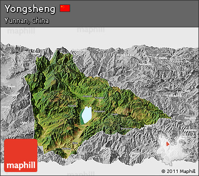 Satellite Panoramic Map of Yongsheng, lighten, desaturated