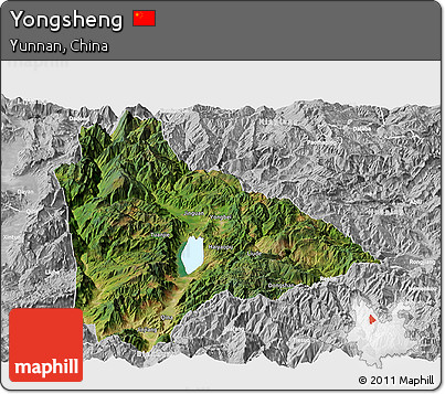 Satellite Panoramic Map of Yongsheng, lighten, desaturated