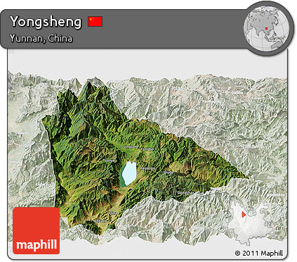 Satellite Panoramic Map of Yongsheng, lighten