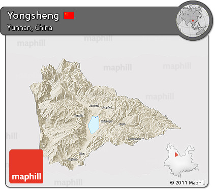Shaded Relief Panoramic Map of Yongsheng, cropped outside