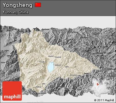 Shaded Relief Panoramic Map of Yongsheng, darken, desaturated