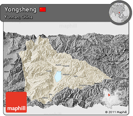 Shaded Relief Panoramic Map of Yongsheng, darken, desaturated