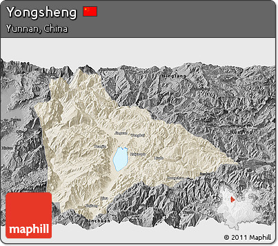 Shaded Relief Panoramic Map of Yongsheng, darken, desaturated
