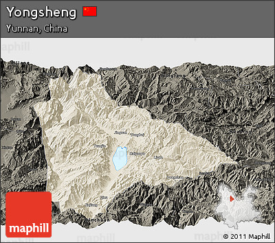 Shaded Relief Panoramic Map of Yongsheng, darken