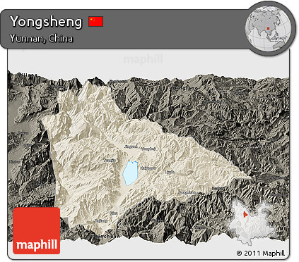 Shaded Relief Panoramic Map of Yongsheng, darken