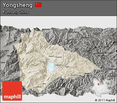 Shaded Relief Panoramic Map of Yongsheng, darken, semi-desaturated