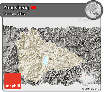Shaded Relief Panoramic Map of Yongsheng, darken, semi-desaturated